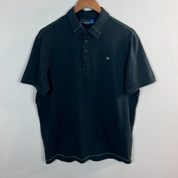 J. Lindeberg Polo Shirt Large Mens Black Green Short Sleeve Stitch‎ Logo Cotton - Picture 2 of 11